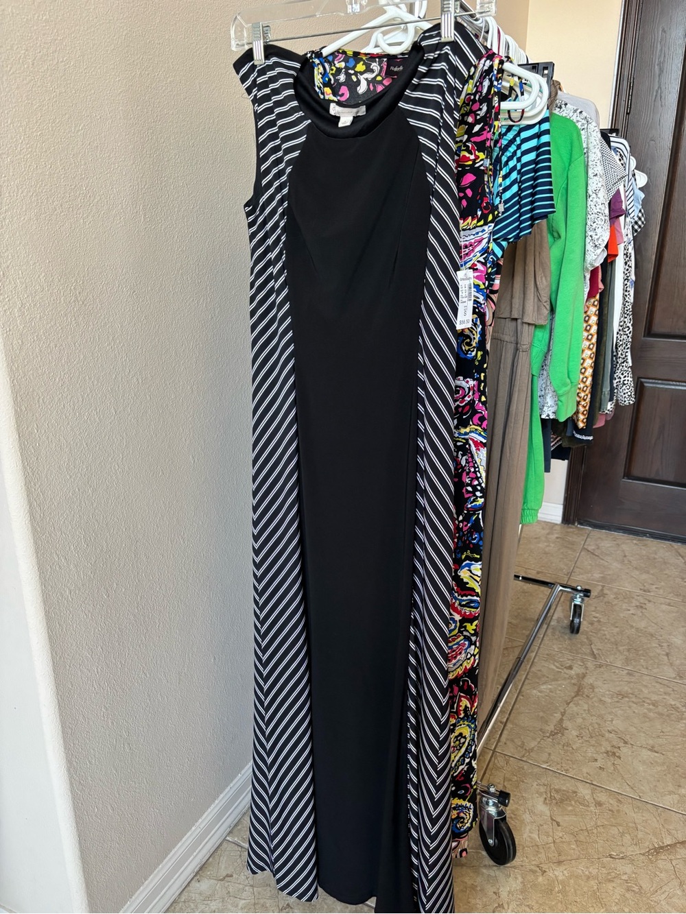 Black and Gray Striped Panel Maxi Dress - Women's